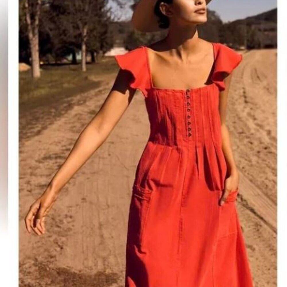 Pilcro Anthropologie Flutter Sleeve Midi Dress Cottage Boho Western Coral Large